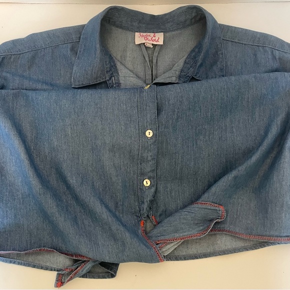 Hester & Orchard Chambray Blue Women's Blouse Shirt Tie Button Front Size Large - Picture 5 of 16